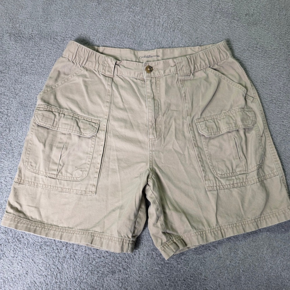 Croft & Barrow Mens 36 Cargo Shorts Khaki Cotton Elastic Waist Utility Pockets